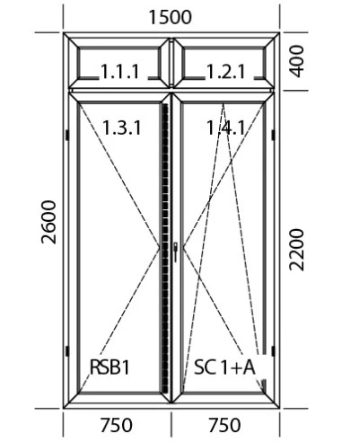 Kunststoff Balkontür Balkontüren PVC 1500 x 2600 mm Dreh | Dreh-Kipp mit Oberlicht | Bodentiefe Fenster