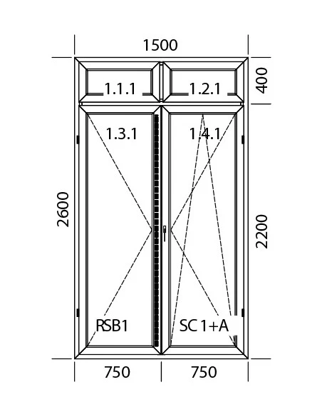 Kunststoff Balkontür Balkontüren PVC 1500 x 2600 mm Dreh | Dreh-Kipp mit Oberlicht | Bodentiefe Fenster