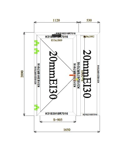 Aluminium Tür Brandschutztür 1650 x 2090 mm MB-60E EI T30