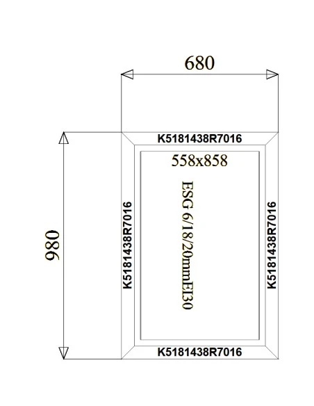 Aluminium Brandschutzfenster 680 x 980 mm MB-78EI F30 Festverglasung