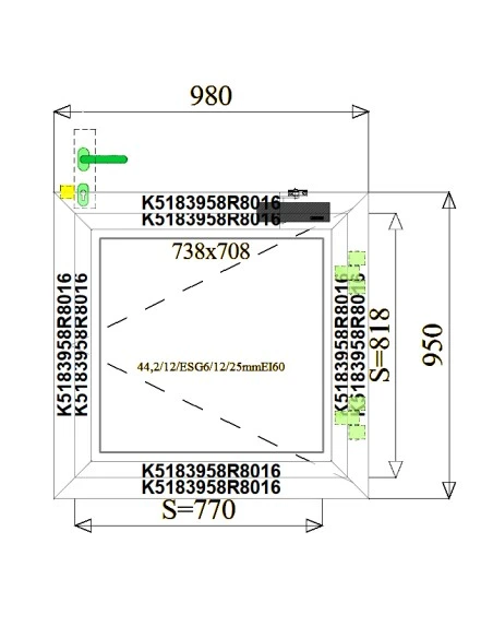 Aluminium Brandschutzfenster 980 x 950 mm MB-78EI F60