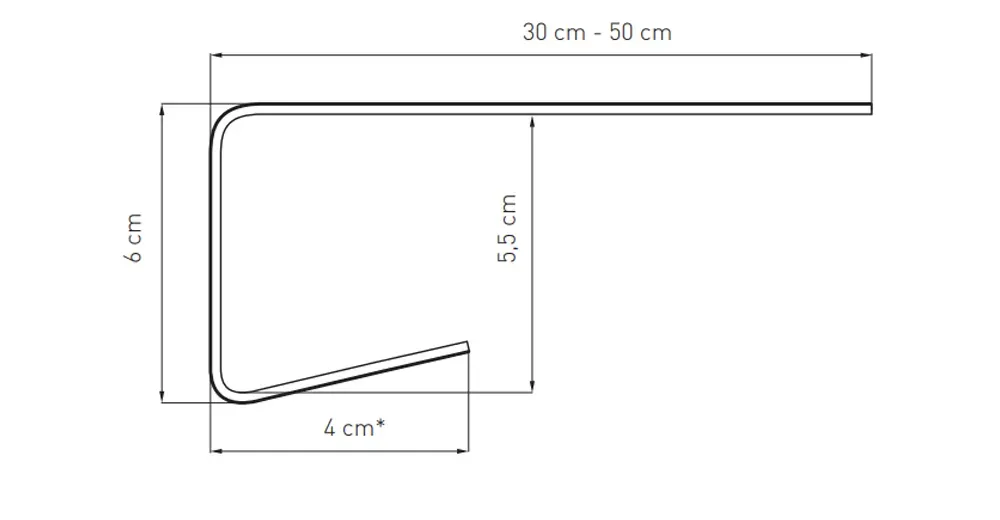 Querschnitt einer Premium-Fensterbankabdeckung aus PVC mit Maßangaben – Breite 30–50 cm, Frontkante außen 6 cm, innen 5,5 cm, Nase 4 cm.