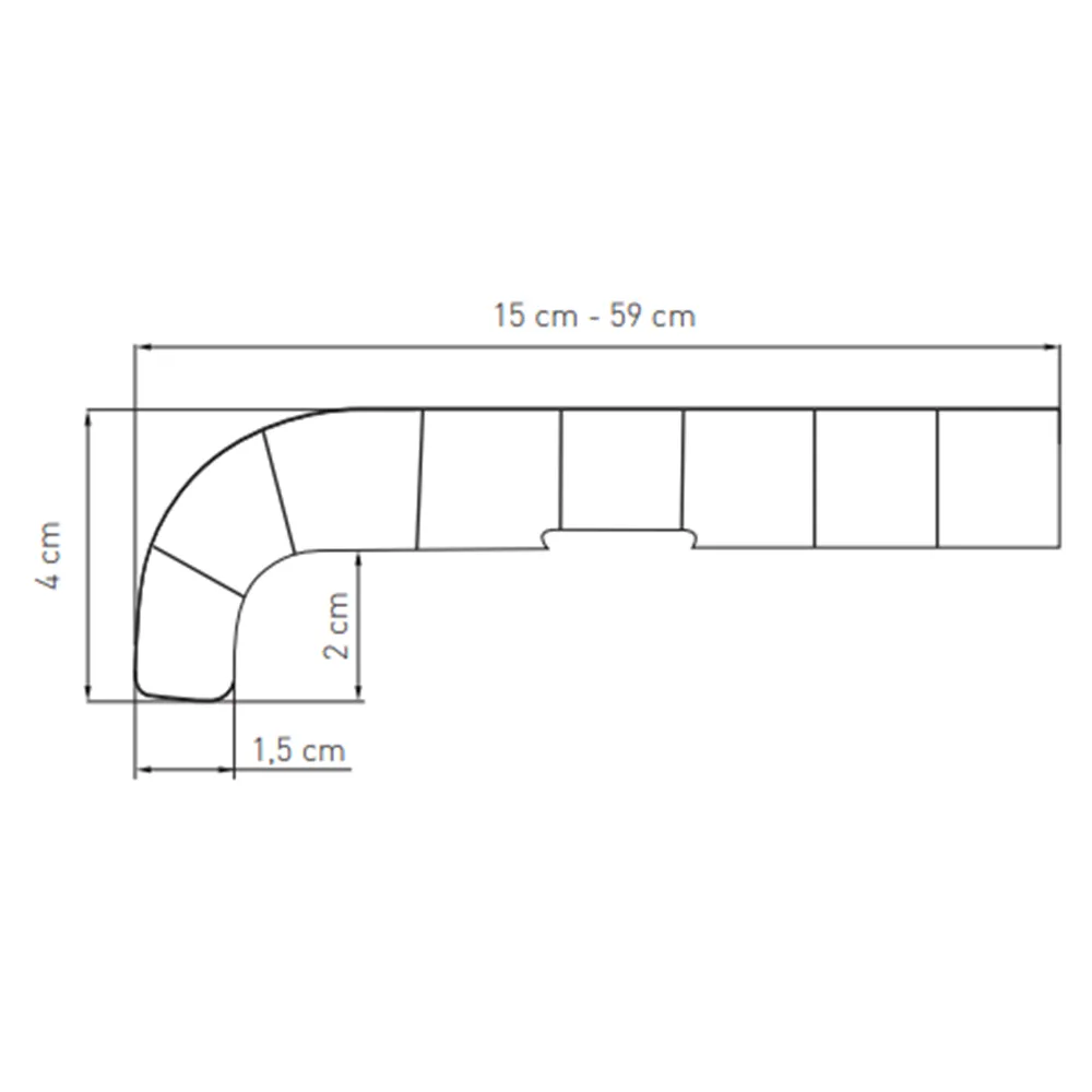 Querschnitt und Abmessungen einer PVC-Innenfensterbank Softline &ndash; Tiefe 15&ndash;59 cm, abgerundete Kante
