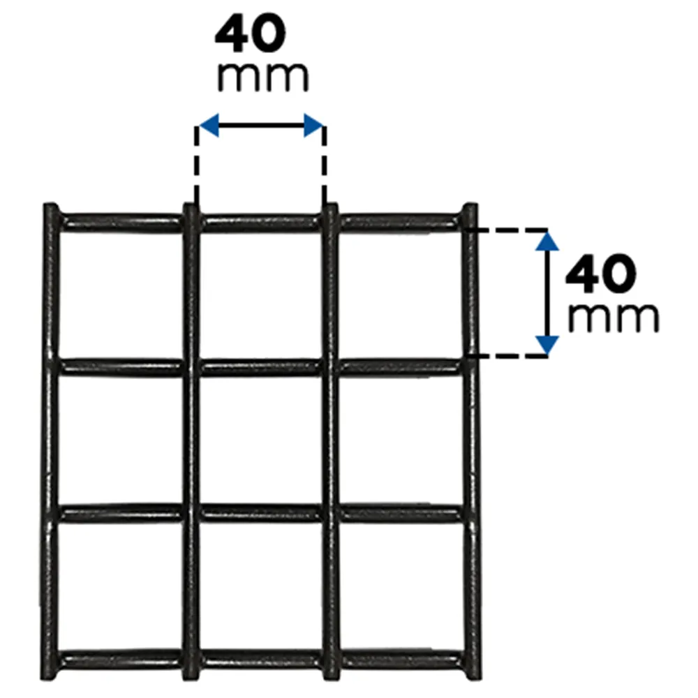 Detailansicht eines Wandgitters aus Stahl mit 40 &times; 40 mm Maschenweite und Ma&szlig;angaben.