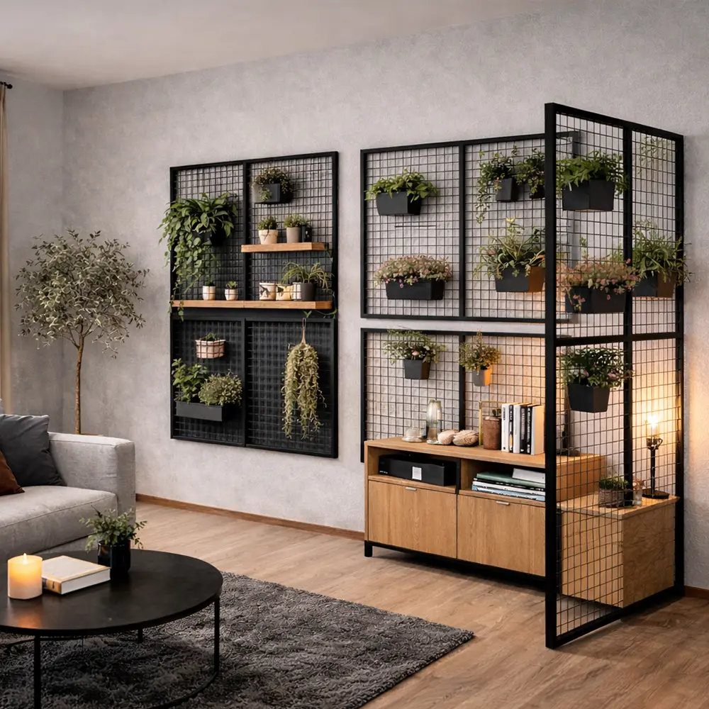 Wohnraum mit schwarzen Kratosfera-Stahlpanels als Wandregale und Raumteiler mit Pflanzen und Dekorationen.