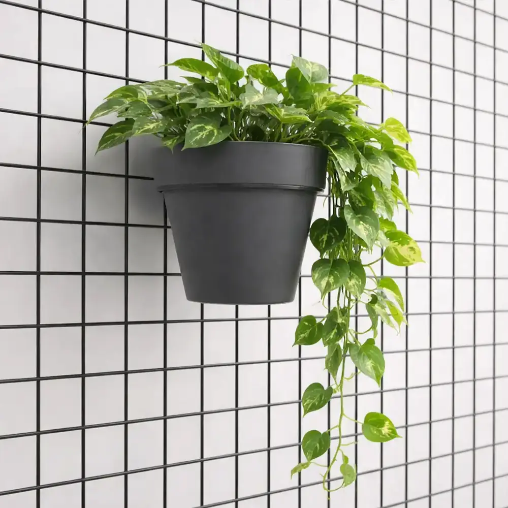 Blumentopf mit gr&uuml;ner Pflanze, aufgeh&auml;ngt an einem schwarzen Loft-Gitter mit einem Blumentopfhalter.