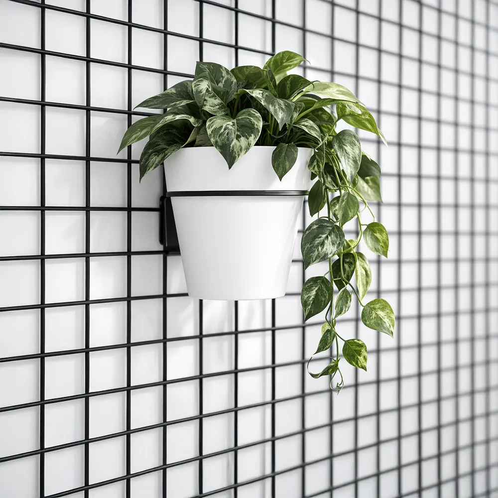 Blumentopf mit gr&uuml;ner Pflanze, aufgeh&auml;ngt an einem schwarzen Loft-Gitter mithilfe eines Blumentopfhalters.