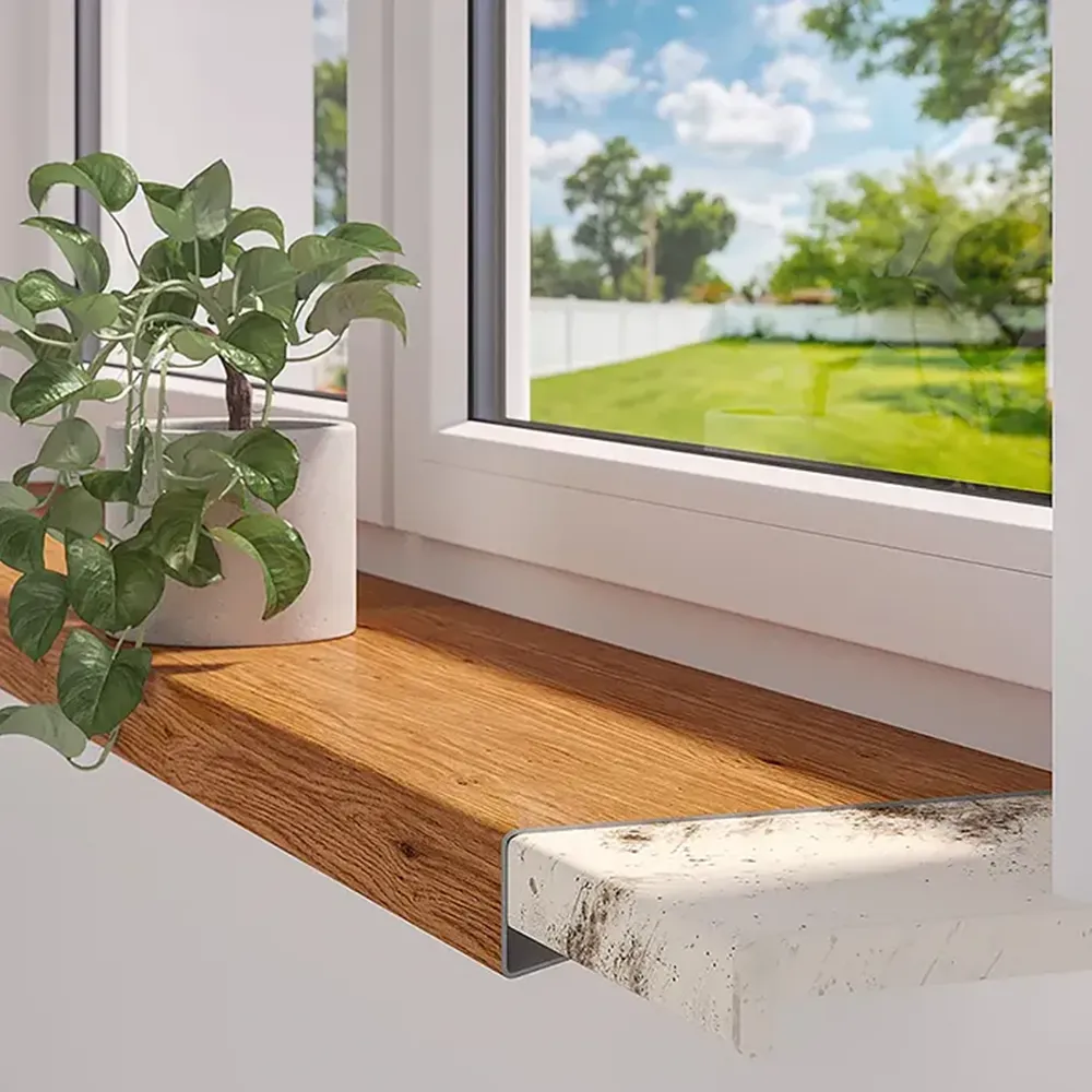 Innenfensterbank Verkleidung in Holzoptik mit Marmordekor-Front &ndash; moderne Renovierungsl&ouml;sung im Wohnbereich.