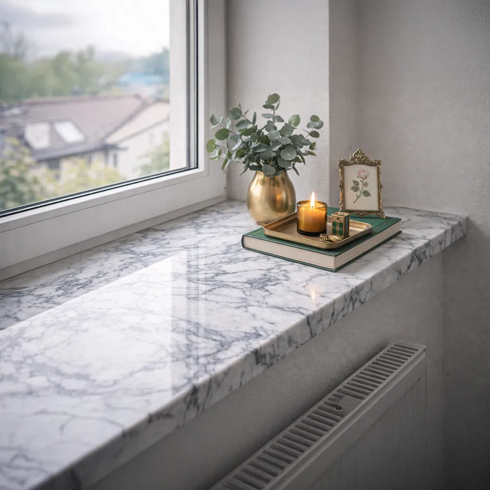 Innenfensterbank in wei&szlig;er Marmoroptik &ndash; elegante Dekoration mit Kerze, Pflanze und Accessoires.