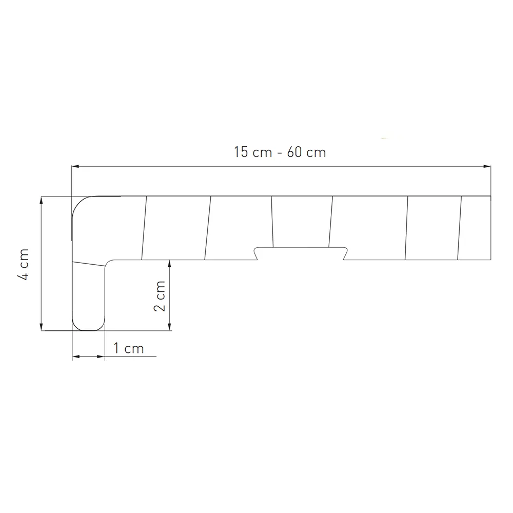 Technische Zeichnung einer PVC-Innenfensterbank mit Ma&szlig;en &ndash; Breite 15&ndash;60 cm, H&ouml;he 4 cm sowie Details zur unteren Aussparung.