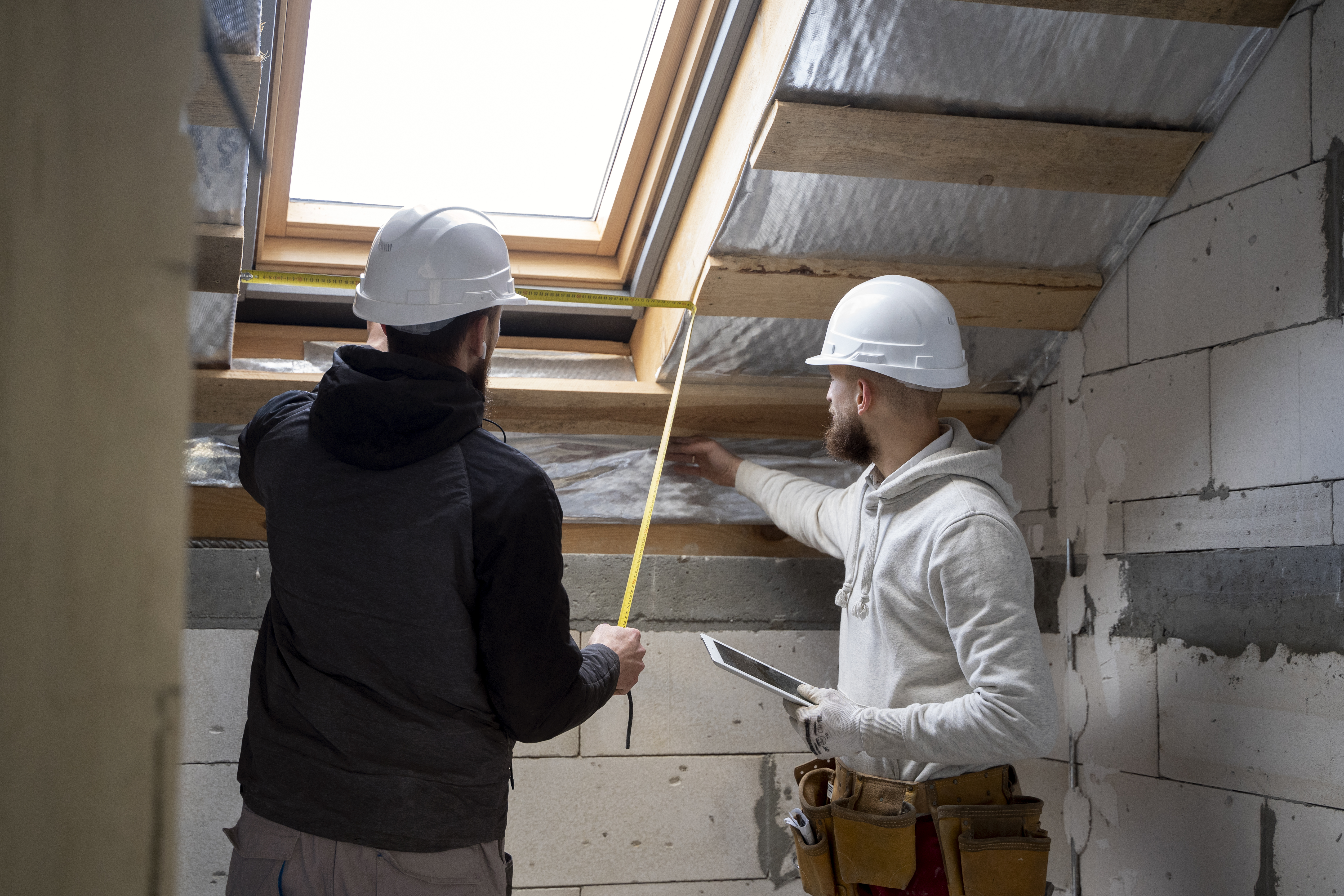 Zwei Handwerker im Dachgeschoss messen und pr&uuml;fen die D&auml;mmung unter einem Dachfenster &ndash; energetische Dachisolierung zur Reduzierung von W&auml;rmeverlusten