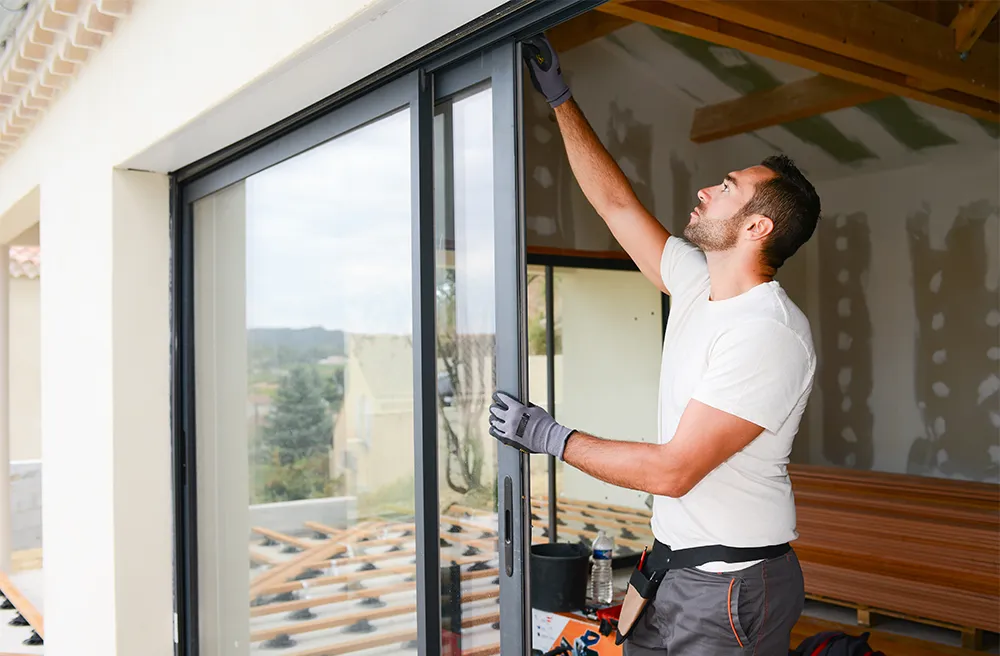 Monteure installiert ein Fenster bzw. Schiebet&uuml;r &ndash; Beispiel f&uuml;r fachgerechte Montage zur Sicherstellung von Dichtheit und W&auml;rmed&auml;mmung.