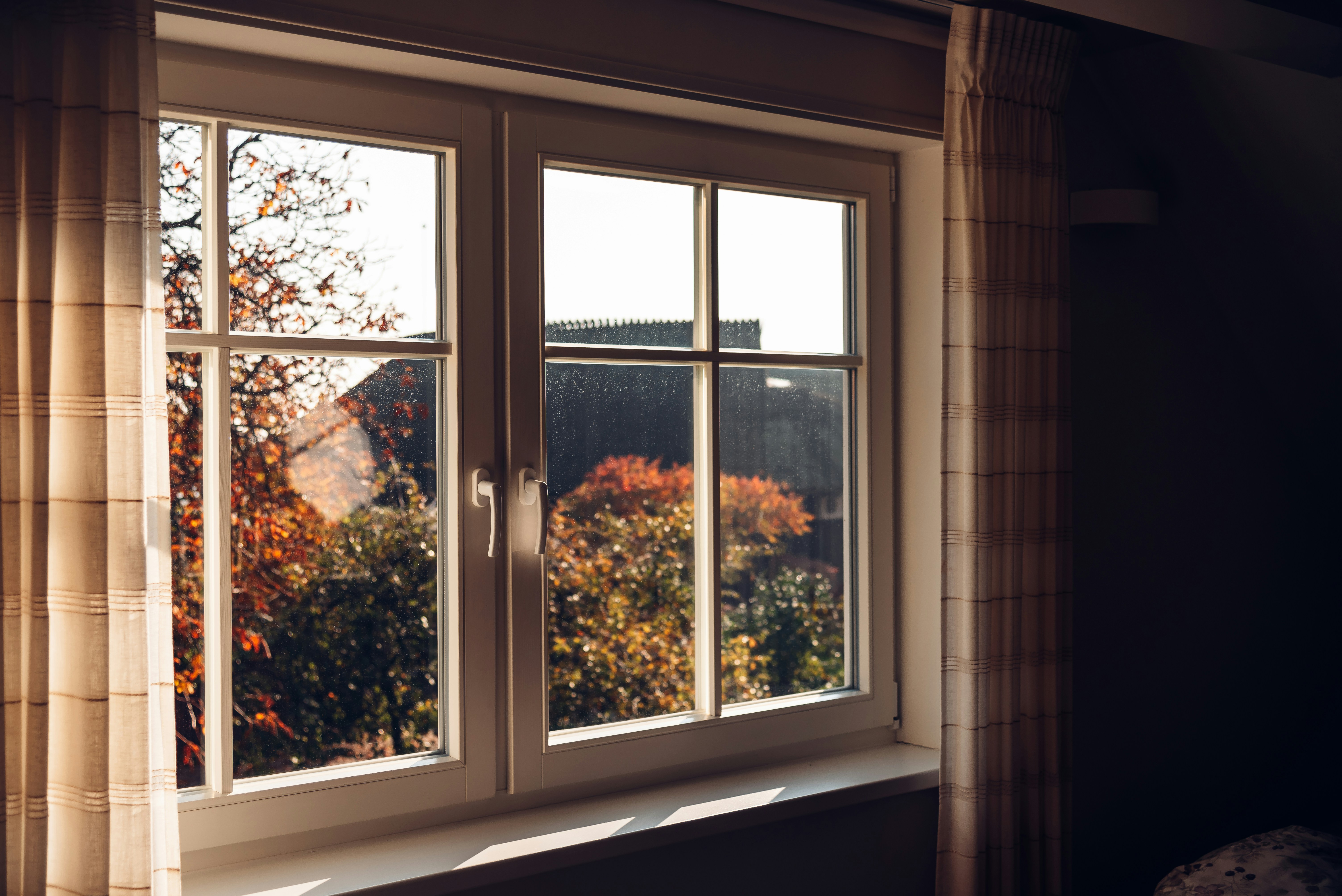 Wohnraumfenster mit Dreifachverglasung und Blick auf herbstliche B&auml;ume im Au&szlig;enbereich.