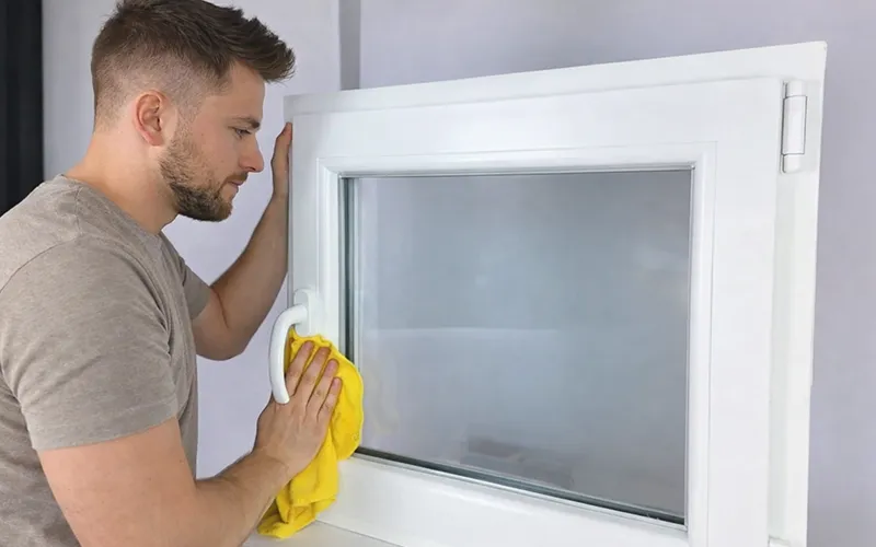 Mann reinigt eine Fensterscheibe von innen mit einem Mikrofasertuch.