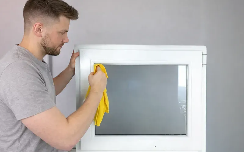 Mann trocknet die R&auml;nder und Ecken eines Fensters mit einem Mikrofasertuch nach der Reinigung.