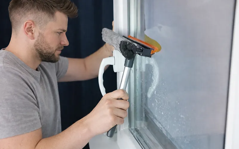 Mann zieht mit einem Fensterabzieher Wasser von einer Fensterscheibe nach unten ab.