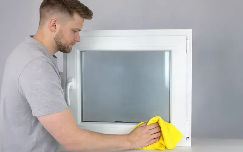 Mann poliert eine Fensterscheibe und den Fensterrahmen mit einem trockenen Tuch zum Abschluss der Reinigung.
