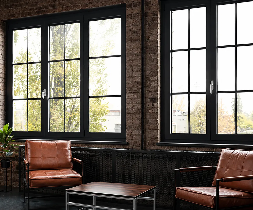 Schwarze Fenster mit Sprossen im industriellen Loft-Stil