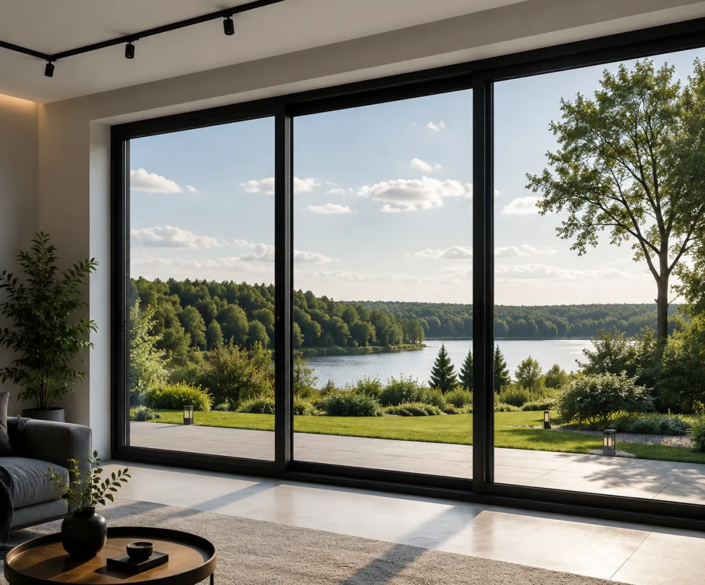 Schwarze Terrassenfenster in einem modernen Haus mit großen Glasflächen