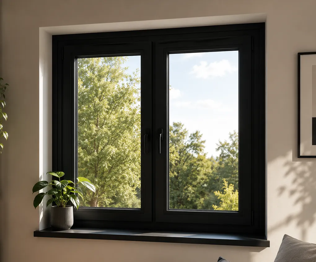 Schwarzes Kunststofffenster im Wohnraum mit Blick in den Garten