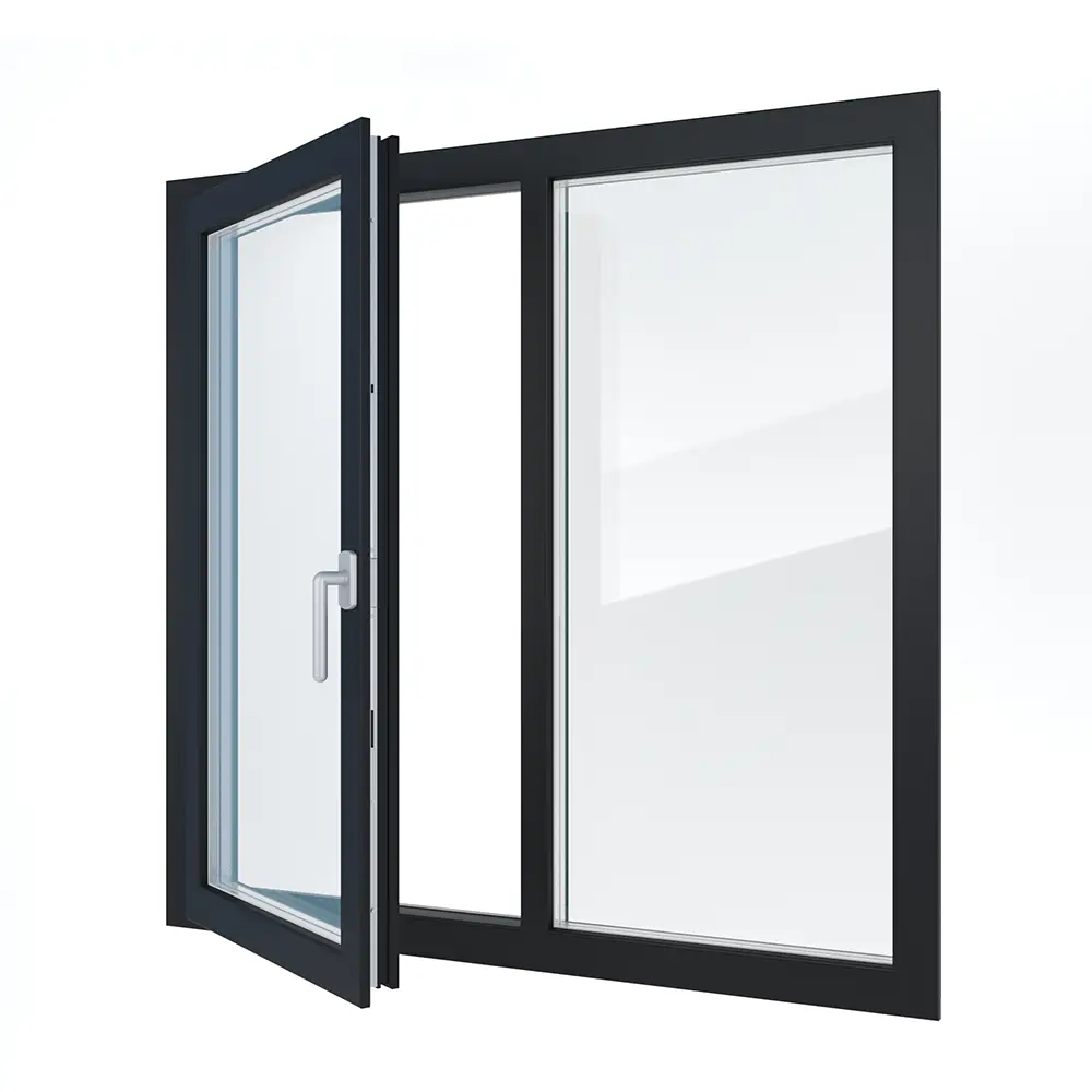 Modernes schwarzes Fenster mit ge&ouml;ffnetem Fl&uuml;gel &ndash; Beispiel f&uuml;r stilvolle und zunehmend beliebte dunkle Fensterrahmen.
