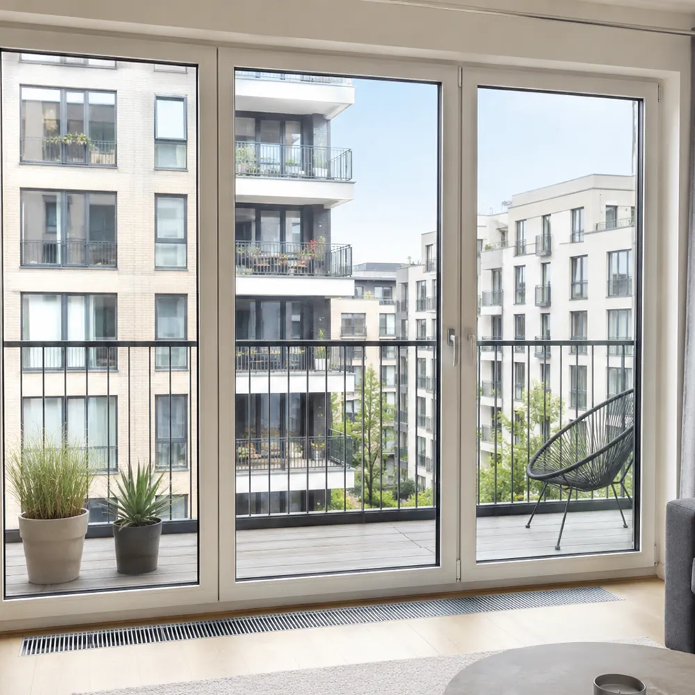 Große verglaste Balkontür in einer kleinen Wohnung mit Zugang zum Balkon