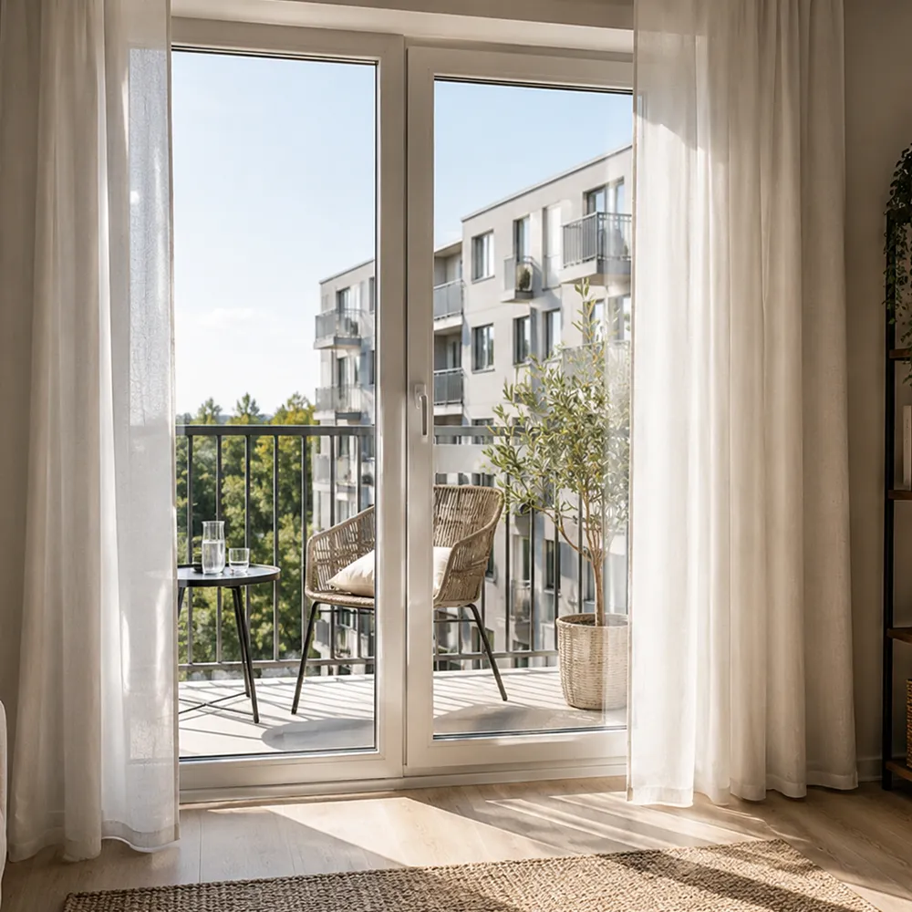 Weiße zweiflügelige Balkontür mit großer Verglasung als Zugang aus einem hellen Wohnraum zum Balkon
