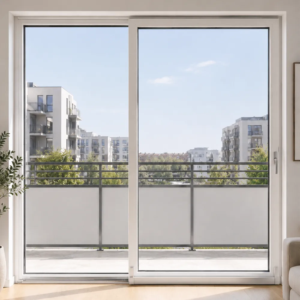 Weiße PSK-Terrassentür mit großer Verglasung als Zugang zum Balkon in einer kleinen Wohnung
