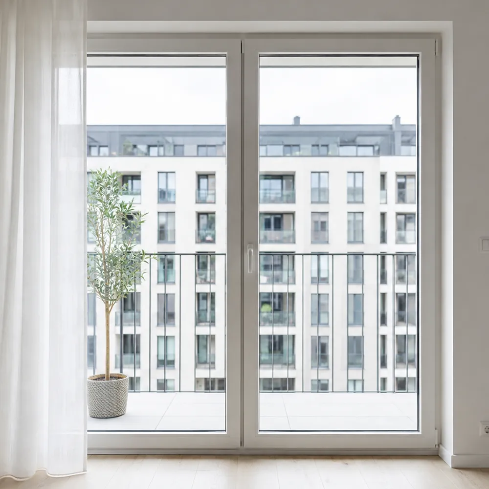 Weiße zweiflügelige Balkontür mit großer Verglasung in einer Wohnung mit Blick auf den Balkon und die umliegenden Gebäude