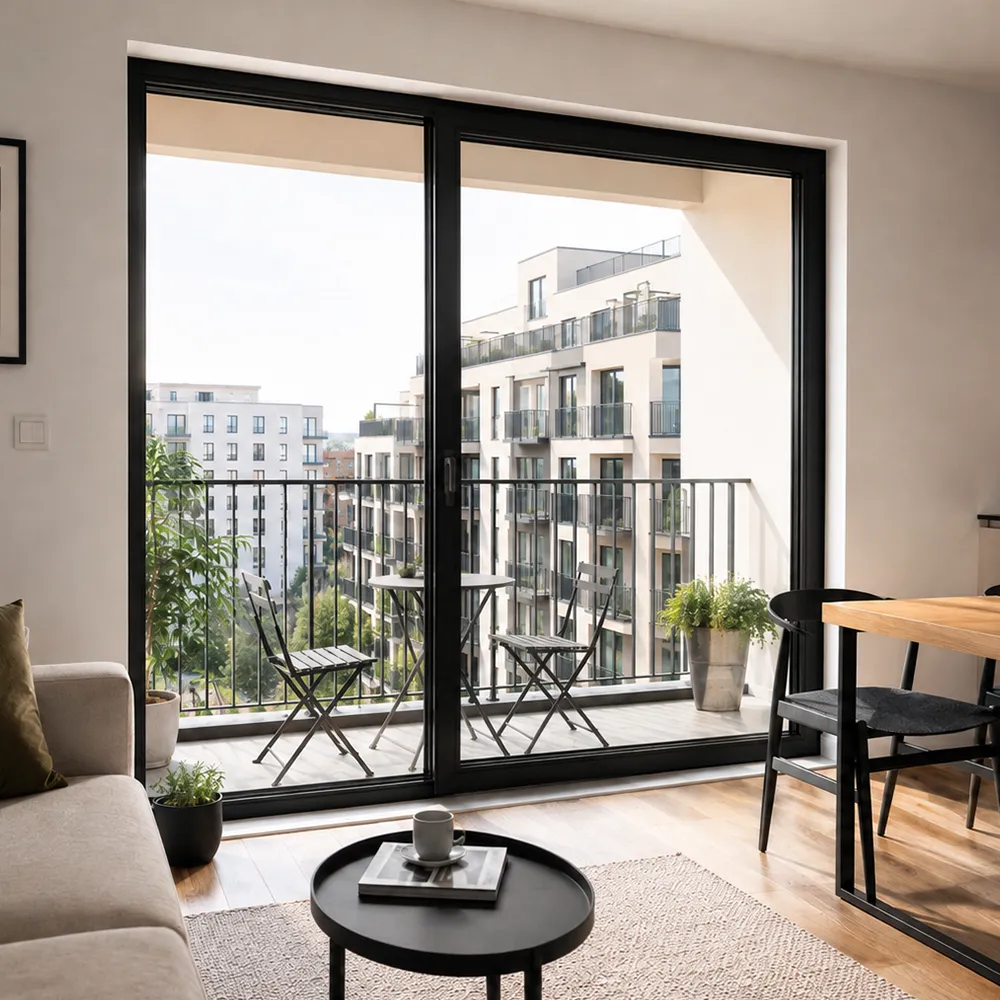 Große schwarze Balkontür mit breiter Verglasung als Zugang aus einem kleinen Wohnzimmer zum Balkon