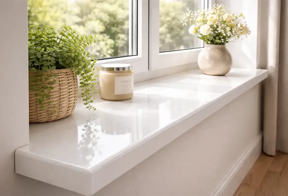 Wei&szlig;e Fensterbank aus Agglomarmor am Fenster mit Pflanzen und Dekorationen &ndash; elegante und feuchtigkeitsbest&auml;ndige L&ouml;sung f&uuml;r Innenr&auml;ume