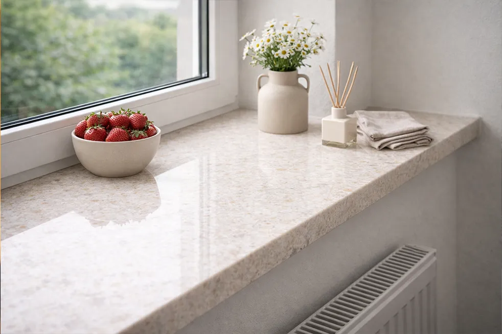 Helle Granitfensterbank am wei&szlig;en Fenster mit Dekorationen und Obst &ndash; langlebige und elegante L&ouml;sung f&uuml;r Innenr&auml;ume