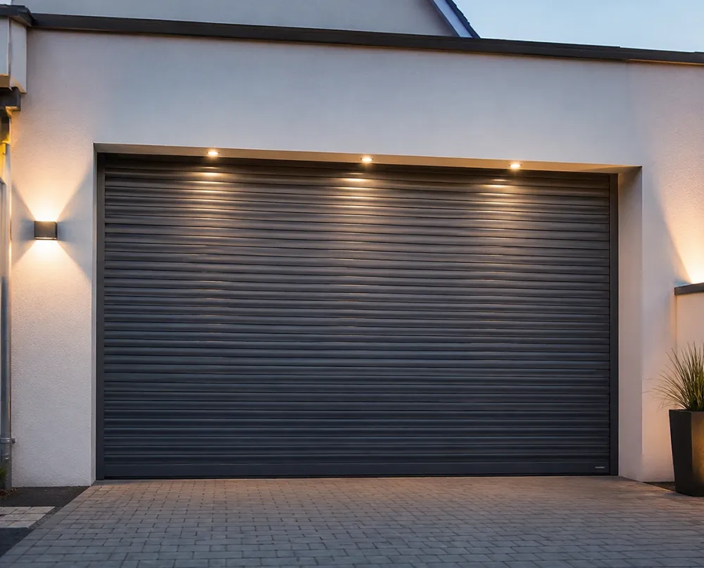 Modernes Einfamilienhaus mit anthrazitfarbenem Garagen-Rolltor und breiter Garagenöffnung