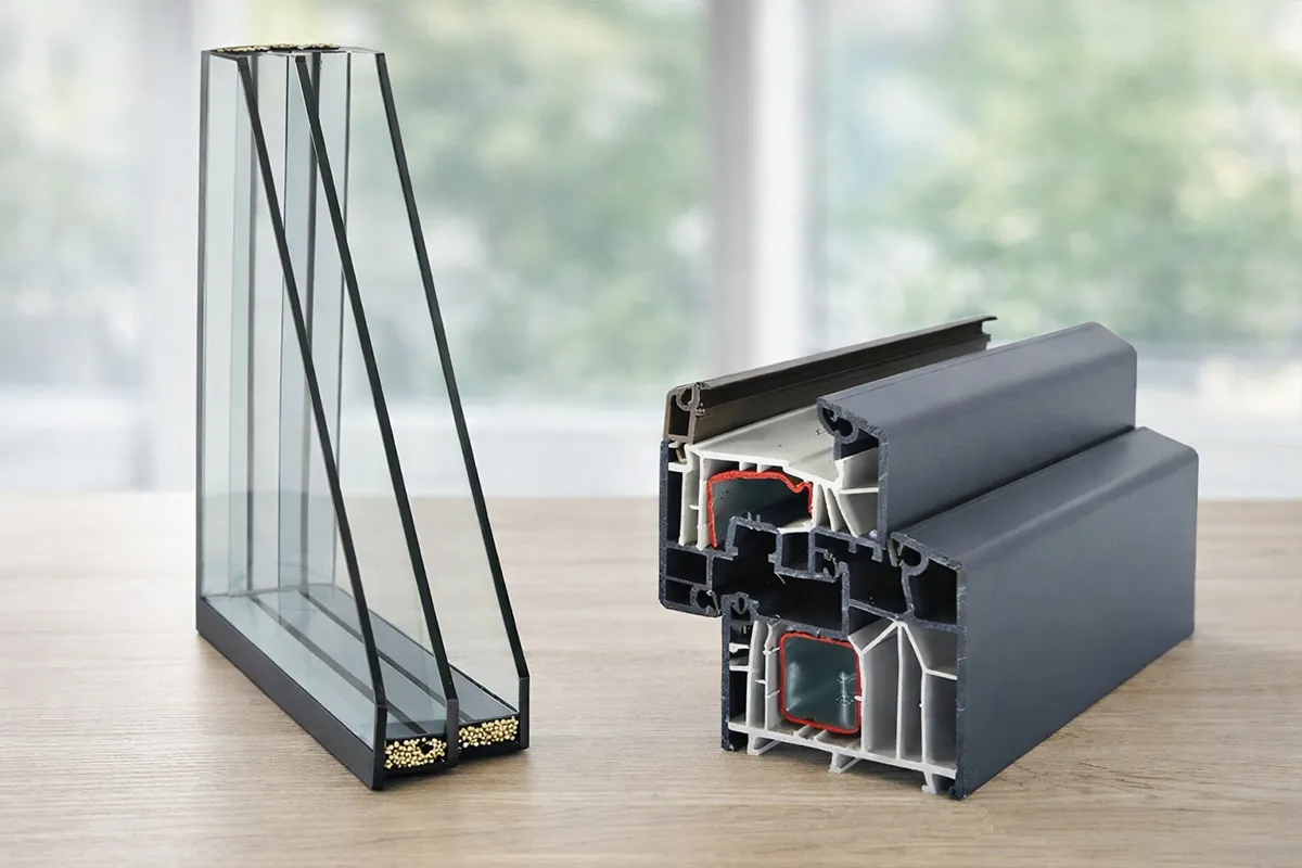 Dreifachverglasung – Darstellung eines Dreifachglaspakets und Fensterprofils zur Veranschaulichung von Vorteilen und Nachteilen.