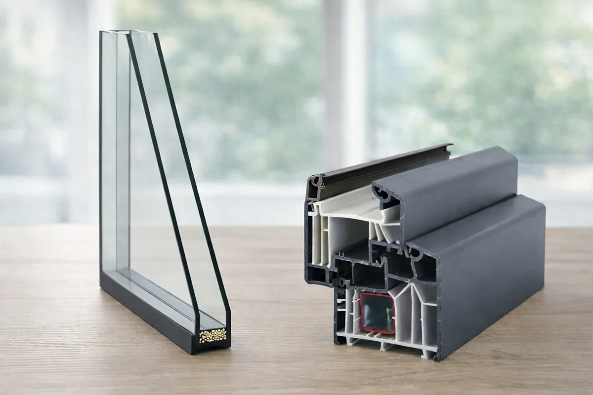 Zweifachverglasung – Darstellung eines Zweifachglaspakets und Fensterprofils mit Beispielen für sinnvolle Einsatzbereiche.